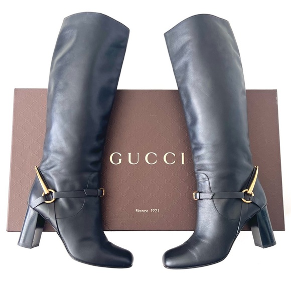 GUCCI | Horsebit Buckle High Heel Black Calfskin Knee Tall Leather Boots US 9.5 - Picture 1 of 16